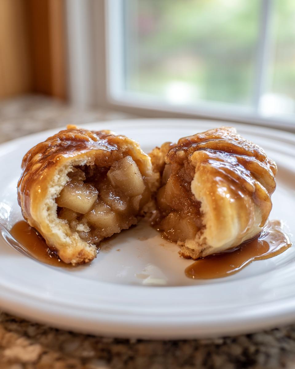 Close-up of a baked apple dumpling cut in half, showing spiced apple filling and caramel sauce.