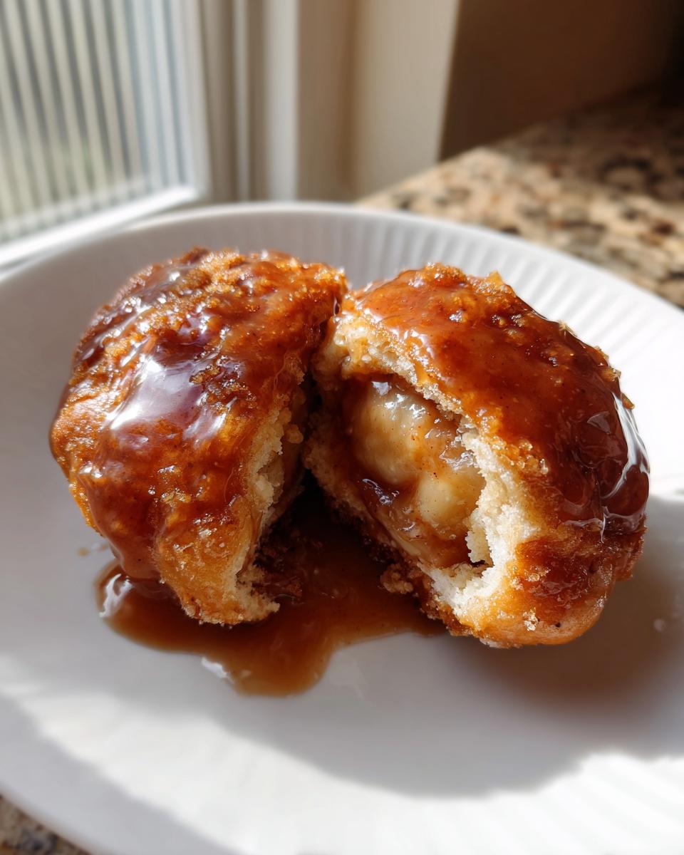 A delicious apple dumpling cut in half, revealing soft cooked apple filling, drenched in rich caramel sauce.