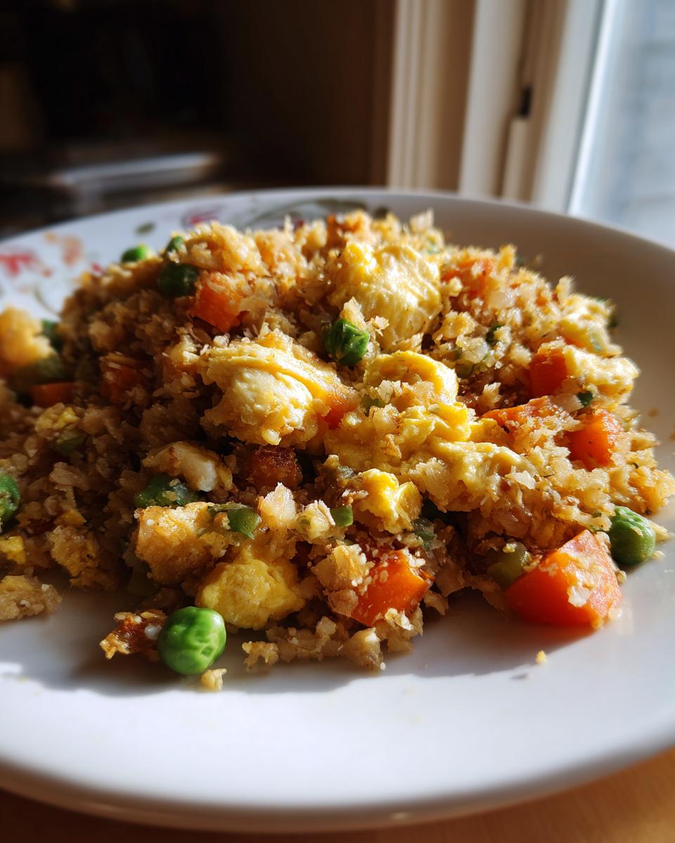 A close-up of a plate of cauliflower fried rice mixed with scrambled egg, bright orange carrots, and green peas.