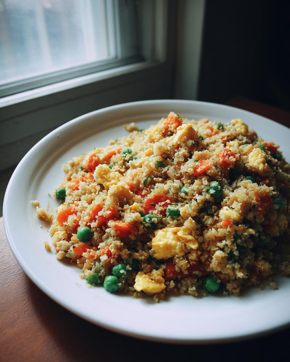 A close-up of a white plate piled high with cauliflower fried rice mixed with scrambled egg, bright orange carrots, and green peas.