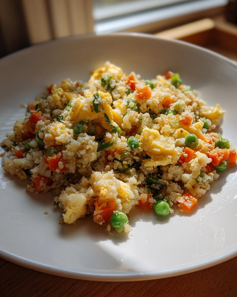 A close-up serving of healthy cauliflower fried rice mixed with scrambled egg, carrots, and green peas on a white plate.