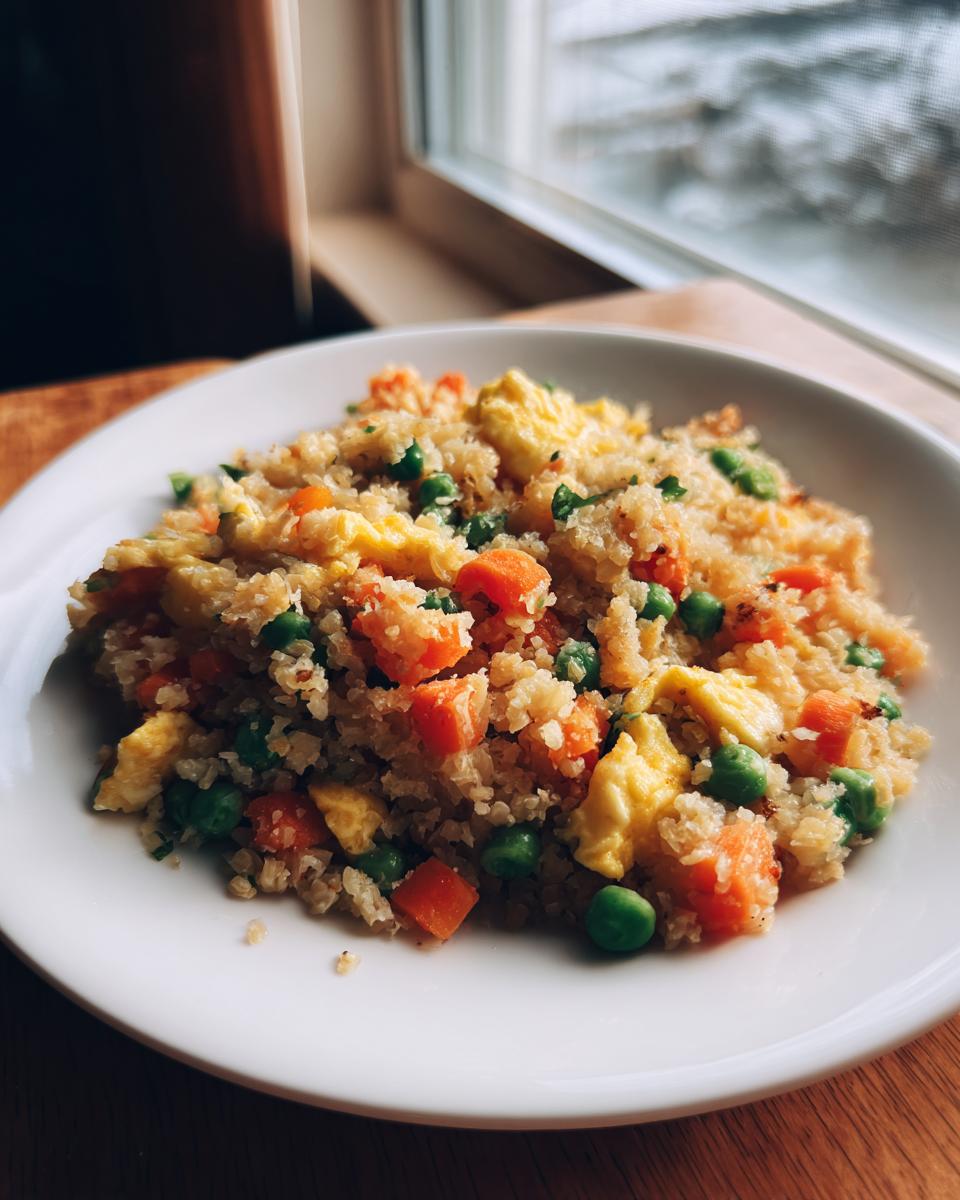 A close-up of a white plate filled with homemade cauliflower fried rice mixed with scrambled eggs, bright green peas, and diced carrots.