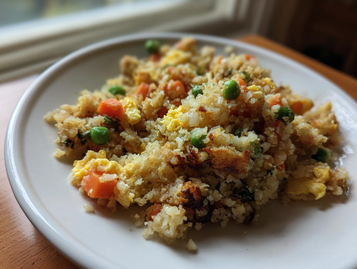 A close-up of a white plate piled high with flavorful cauliflower fried rice, mixed with scrambled egg, bright orange carrots, and green peas.