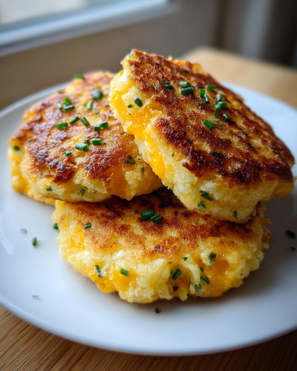 Three golden brown, pan-fried mashed potato cakes stacked on a white plate, showing melted cheddar cheese inside and topped with chives.