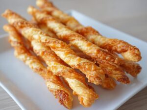 A close-up of several golden brown, flaky, twisted cheese straws recipe items arranged on a white rectangular plate.