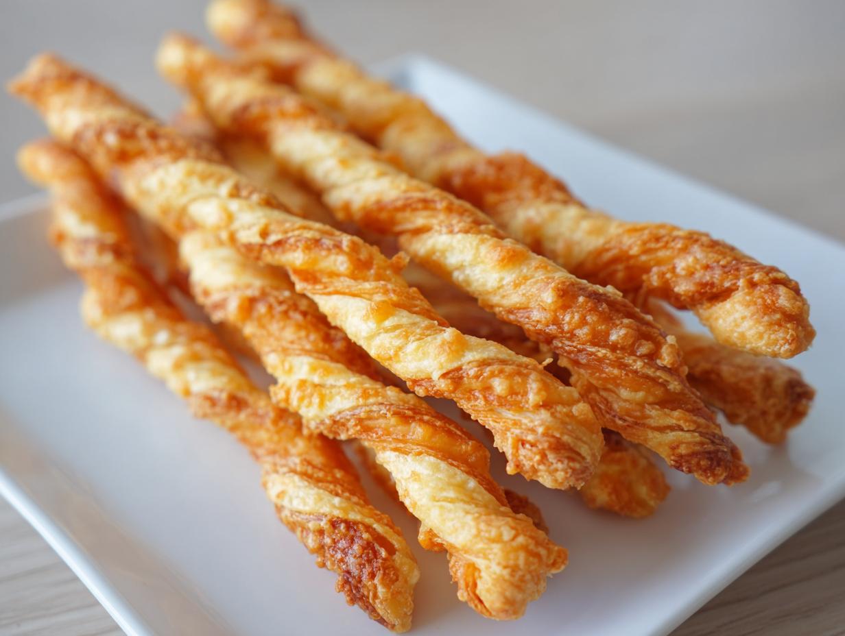 A close-up of several golden brown, flaky, twisted cheese straws recipe items arranged on a white rectangular plate.