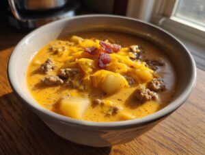 A close-up of a bowl of creamy, orange cheeseburger soup, topped with shredded cheddar cheese, ground beef, and crumbled bacon.
