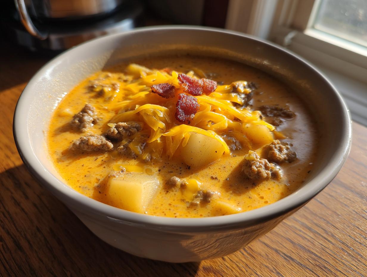 A close-up of a bowl of creamy, orange cheeseburger soup, topped with shredded cheddar cheese, ground beef, and crumbled bacon.