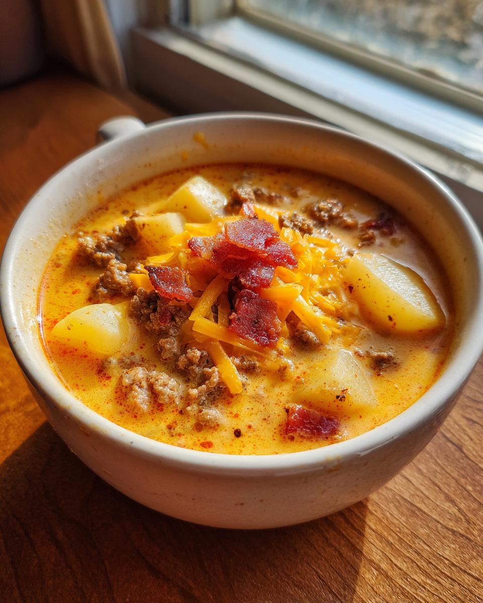 A creamy bowl of cheeseburger soup topped with ground beef, shredded cheddar, and crispy bacon pieces.