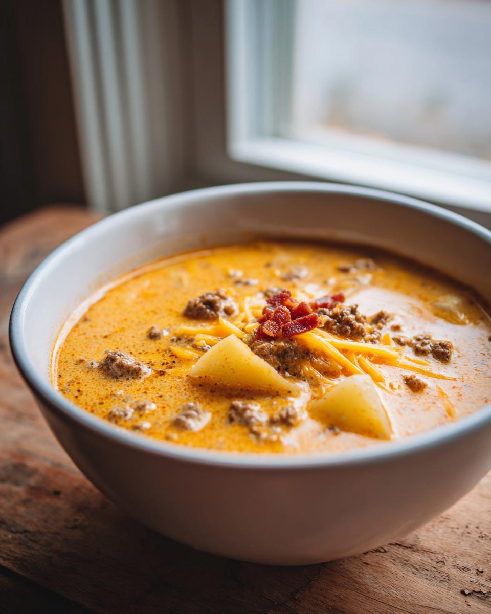 Close-up of a creamy, orange bowl of cheeseburger soup topped with ground beef, potatoes, shredded cheese, and bacon bits.