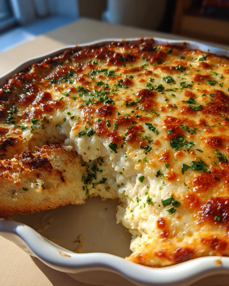 Close-up of a hot, cheesy baked bread dip in a white dish, with a piece of bread scooping out a portion.