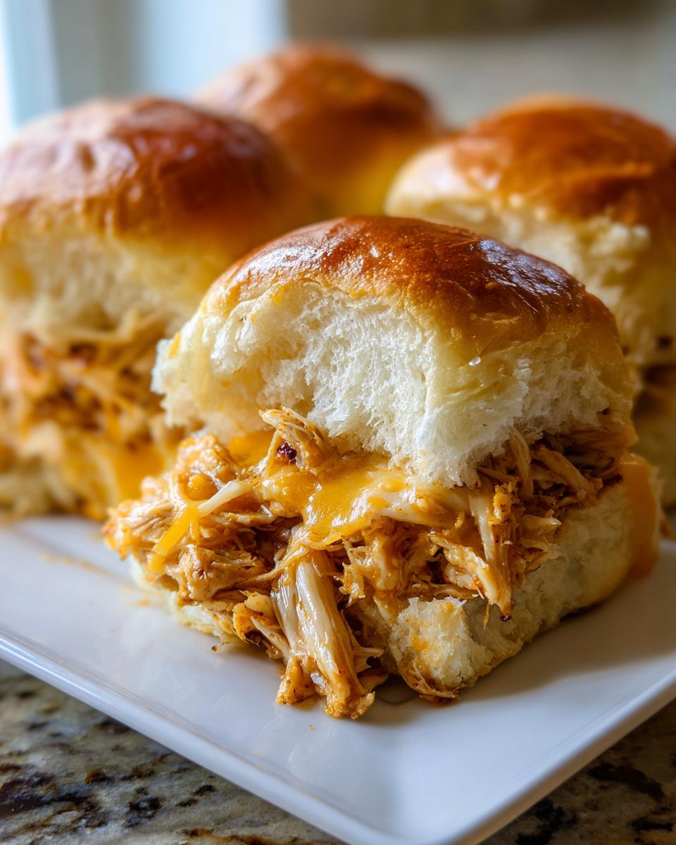 A close-up view of one of the amazing bbq chicken sliders, featuring shredded chicken mixed with sauce and melted cheddar cheese on a soft roll.
