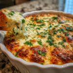 A piece of bread is dipped into a hot, cheesy bread dip, showing a long, gooey cheese pull.