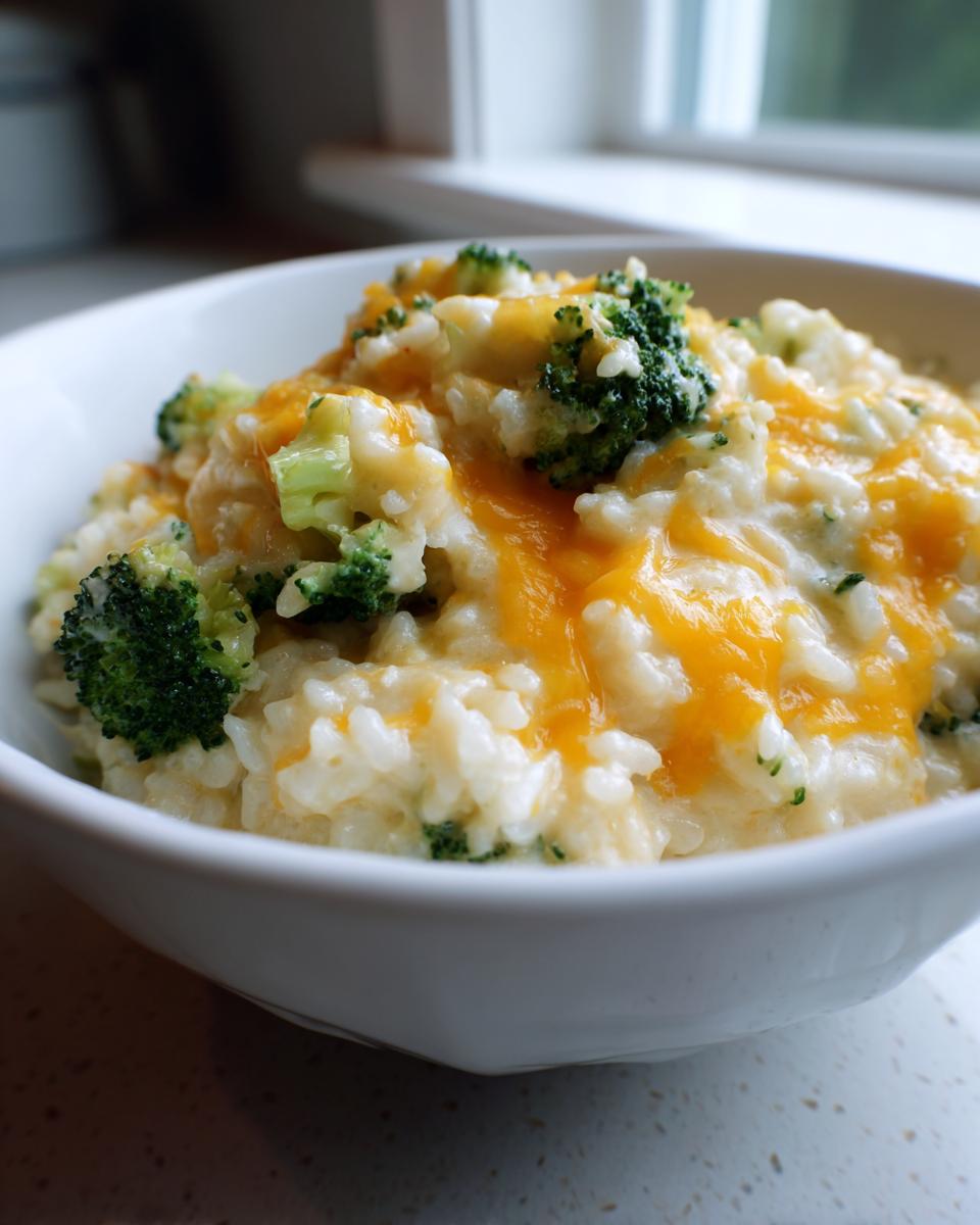A close-up of creamy, cheesy broccoli rice topped with melted cheddar cheese in a white bowl.