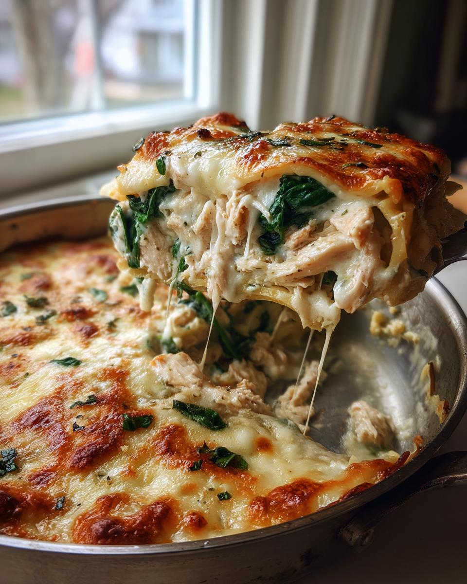 A gooey, cheesy slice being lifted from a pan of chicken alfredo lasagna showing layers of chicken and spinach.