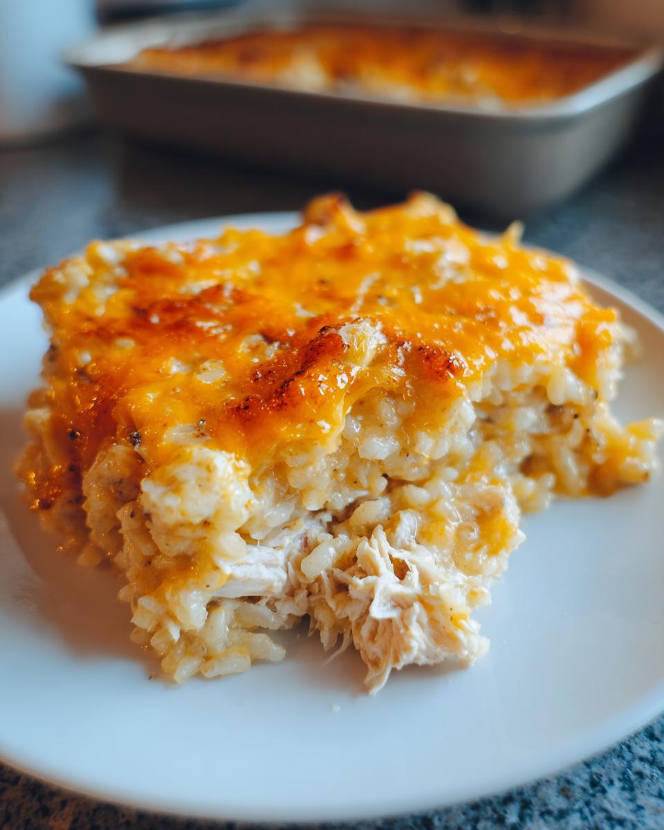 A close-up serving of creamy chicken rice casserole topped with melted, slightly browned cheddar cheese.