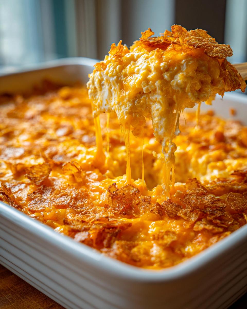 A spoonful of hot, cheesy corn dip with melted cheese strings being lifted from a white baking dish topped with crunchy cornflakes.