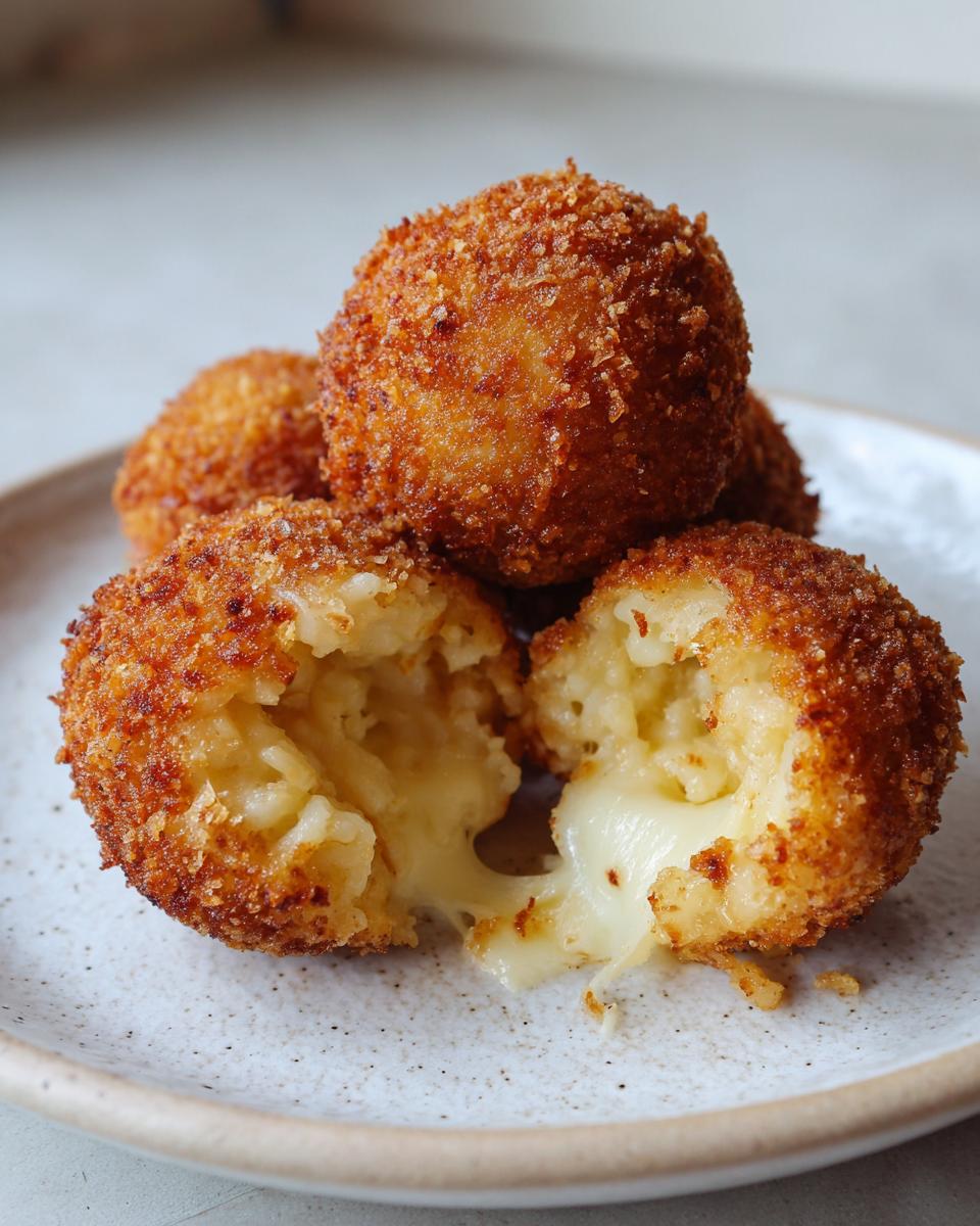 Close-up of golden brown, crispy fried rice balls, one broken open showing melted cheese stretching out.
