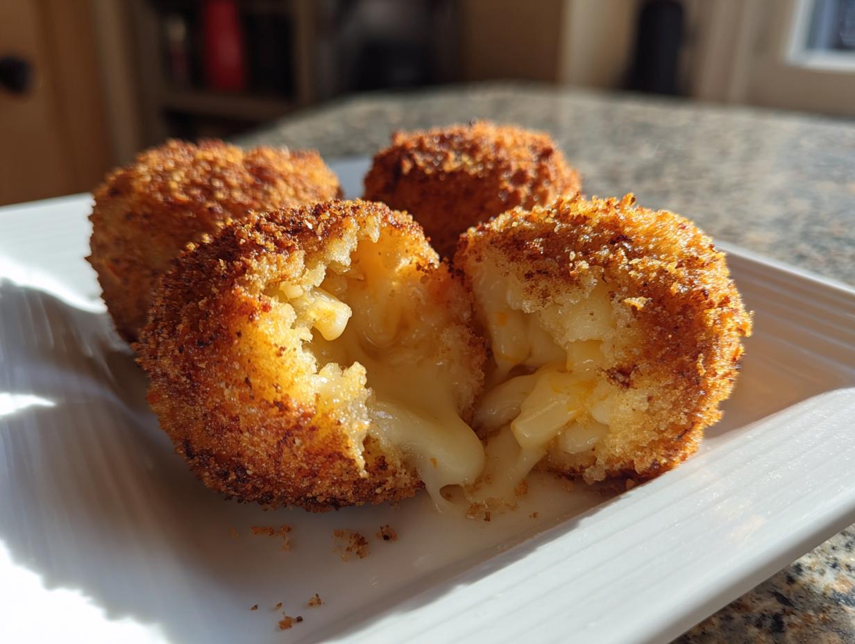 Close-up of crispy fried rice balls, one broken open revealing a molten, cheesy interior.