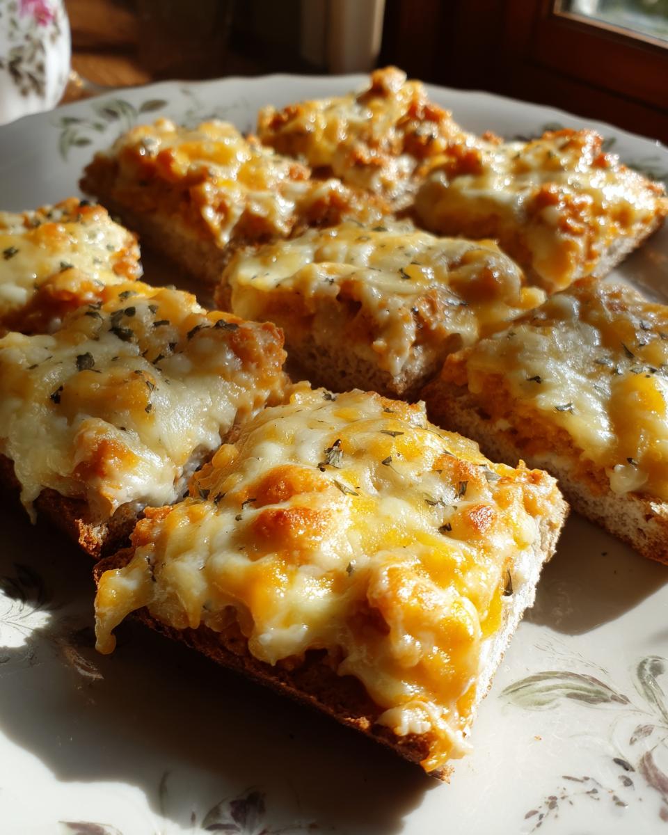 Close-up of several pieces of toasted bread topped with a savory, cheesy mixture, ready to serve as a hanky panky recipe appetizer.