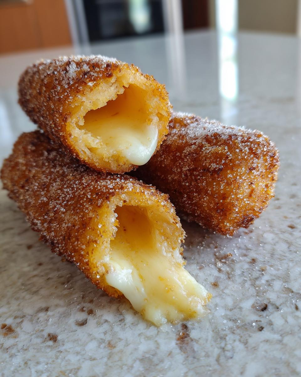 Close-up of a sugar-coated korean corn dog cut open showing a gooey, melted cheese filling stretching out.
