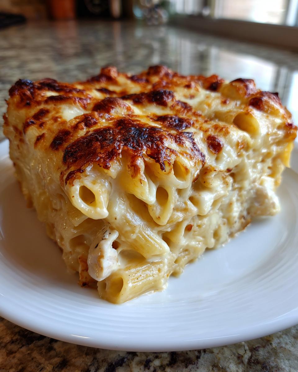 A thick slice of creamy, cheesy pasta bake with penne noodles and a deeply browned, bubbly cheese crust.