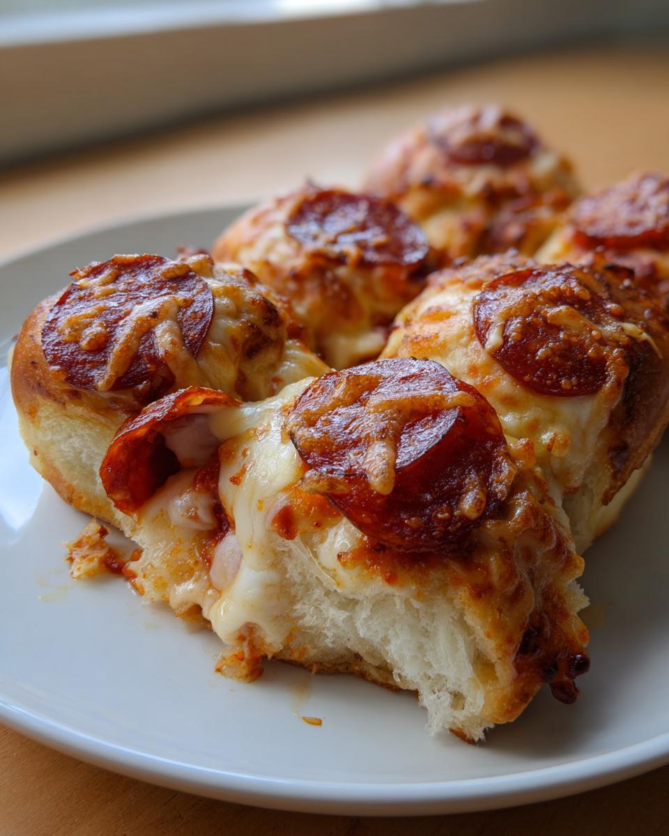 Close-up of several baked pepperoni pizza sliders on a white plate, showing melted cheese pull.