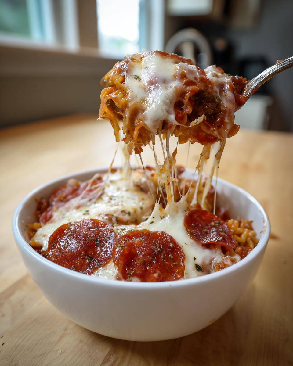 A fork lifting a cheesy, saucy portion of pizza pasta bake out of a white bowl, showing long cheese pulls.