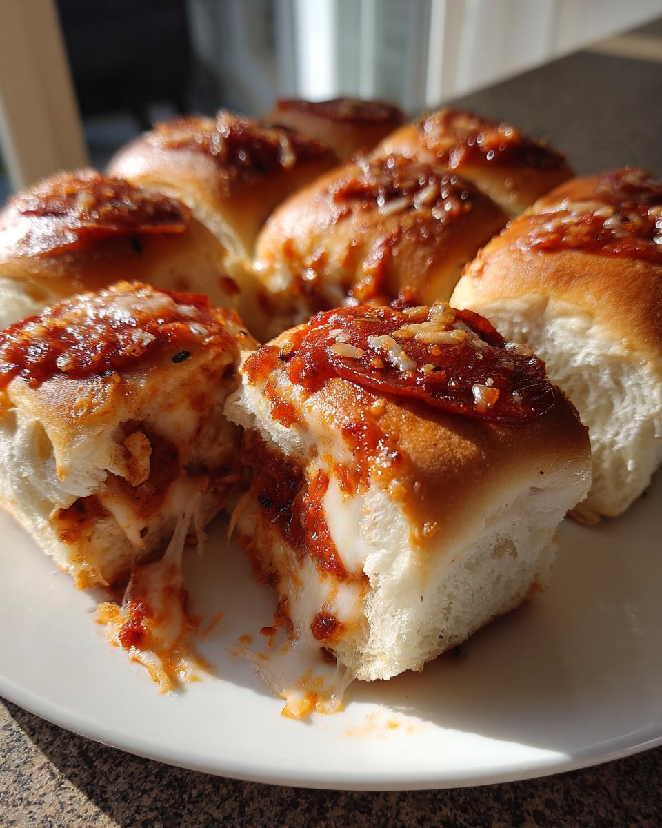 Close-up of baked pizza sliders with gooey melted cheese pulling apart, topped with sauce and pepperoni.