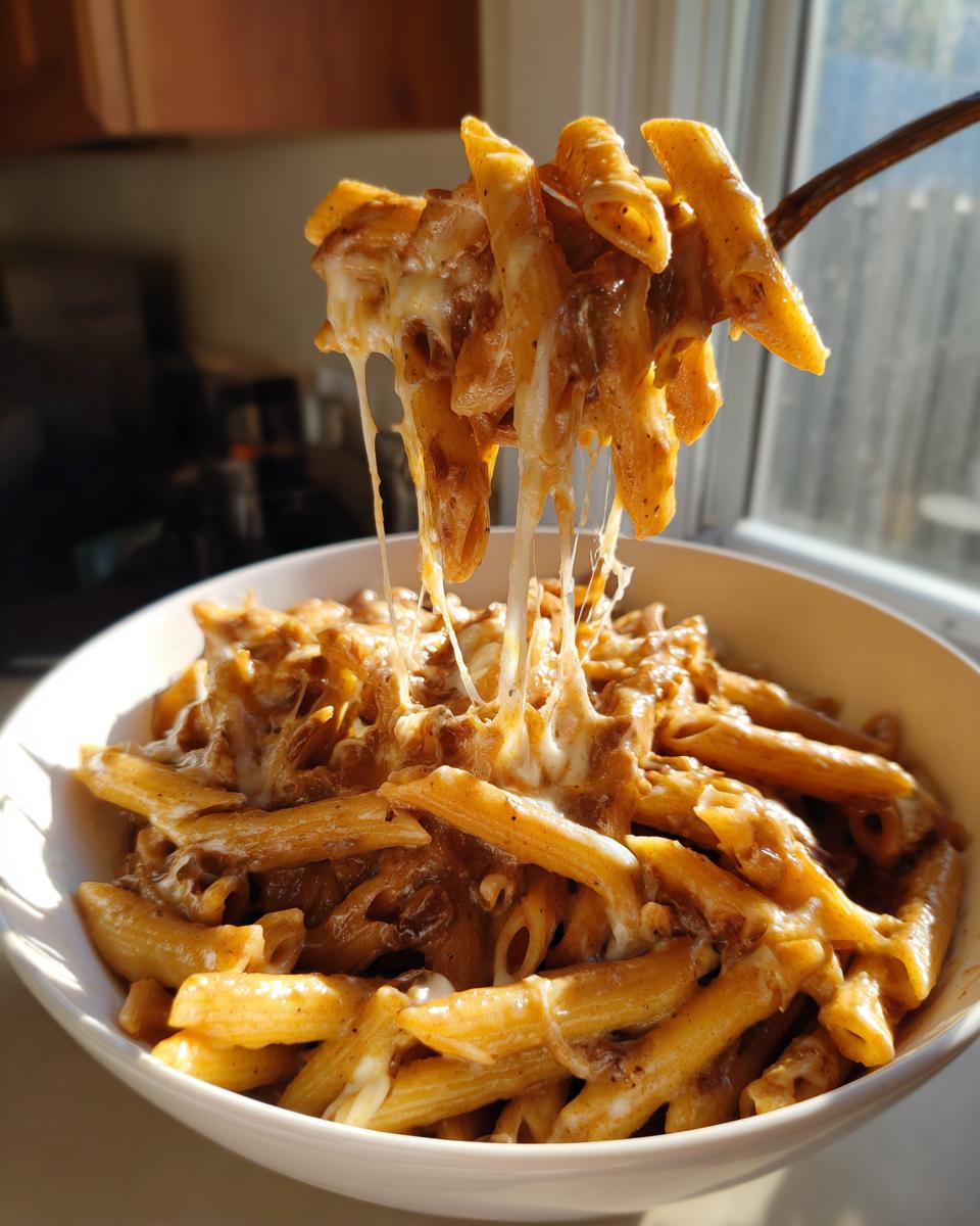 A fork lifts a generous portion of cheesy french onion pasta, showing long, melted cheese pulls over penne pasta.