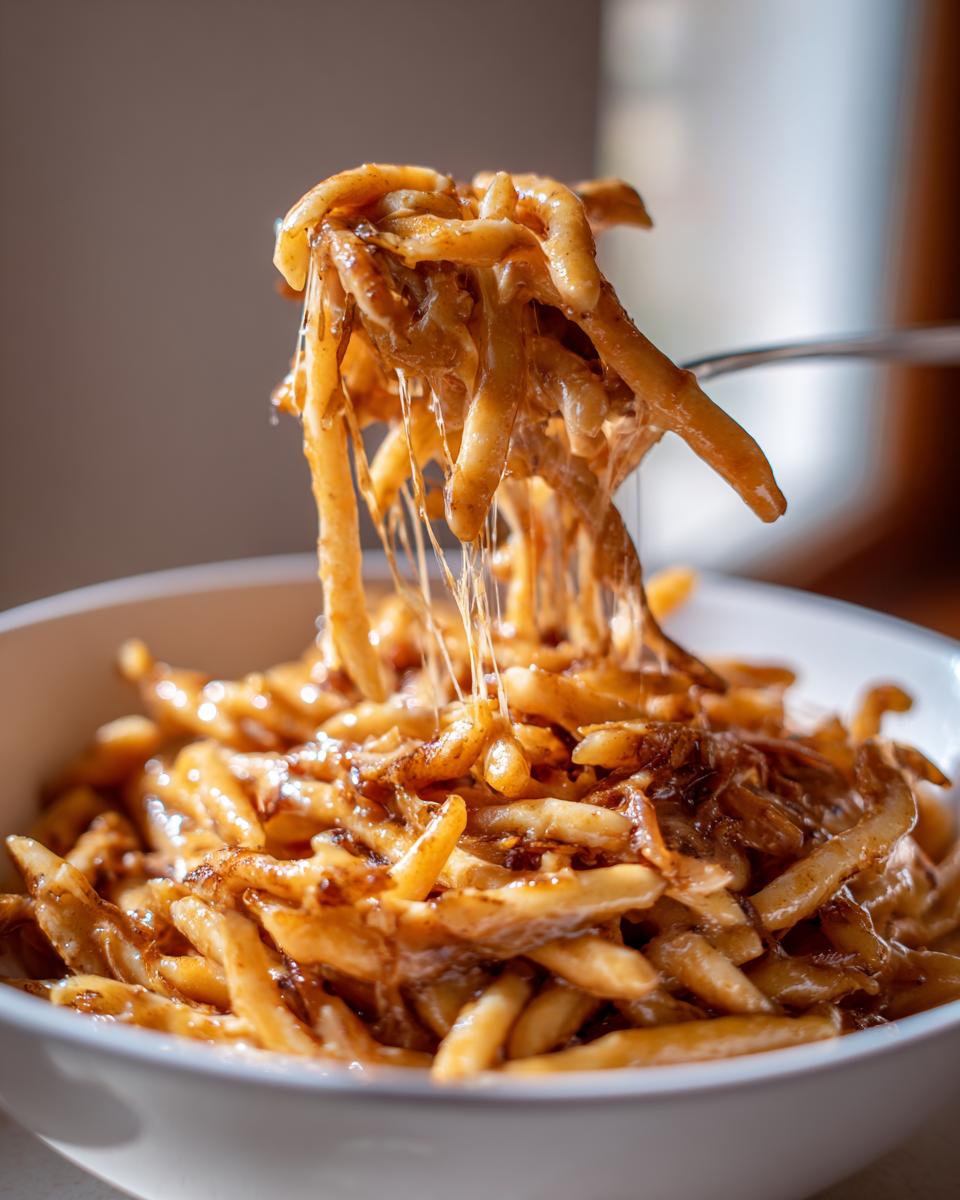 A fork lifts a cheesy, saucy portion of french onion pasta out of a white bowl, showing long cheese pulls.