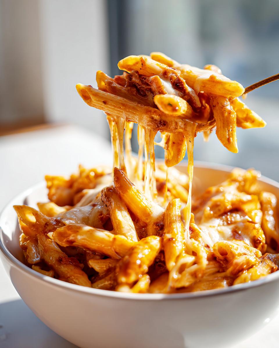 A fork lifts penne pasta coated in sauce and melted cheese from a bowl of french onion pasta, showing a dramatic cheese pull.