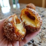 A hand holding a sugar-coated korean corn dog cut in half, showing a dramatic, gooey cheese pull.
