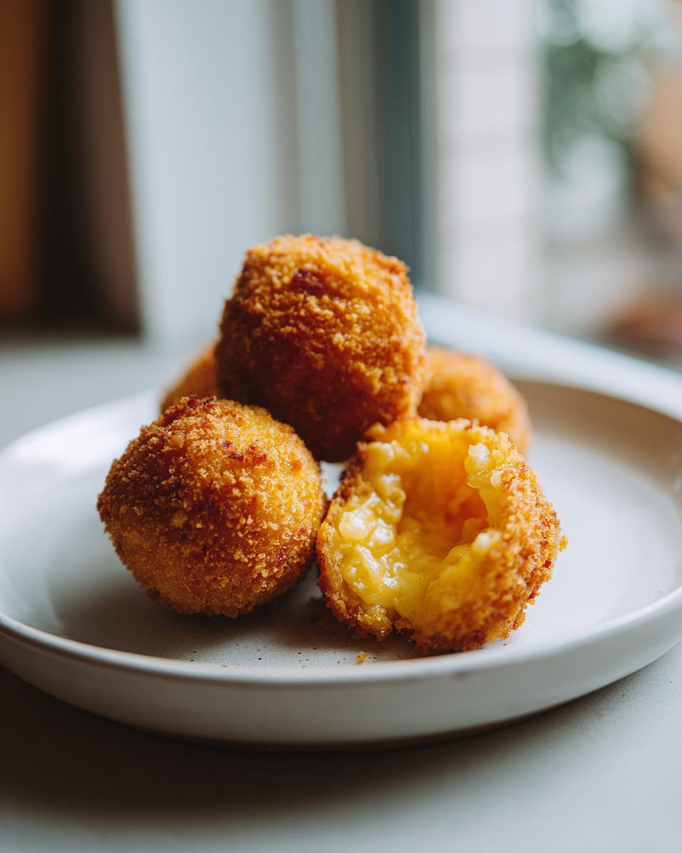 Close-up of golden, crispy fried rice balls, one broken open revealing a cheesy, melted interior.