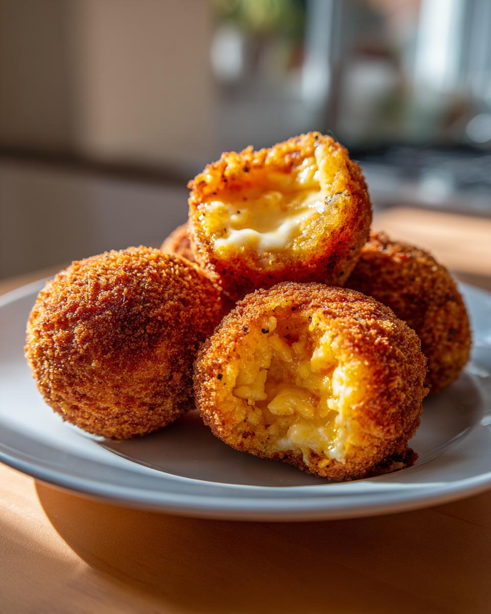 Close-up of crispy, golden brown cheesy rice balls, one cut open revealing melted cheese.