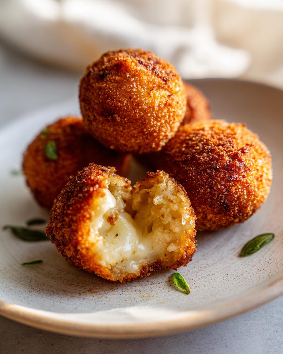 Close-up of golden brown, crispy rice balls, with one broken open revealing a melted, cheesy center. Perfect cheesy rice balls.