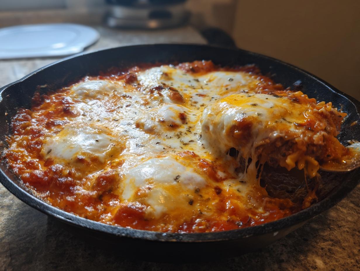 A spoonful of cheesy, bubbling skillet lasagna being lifted from a black cast iron pan, showing stringy melted cheese.