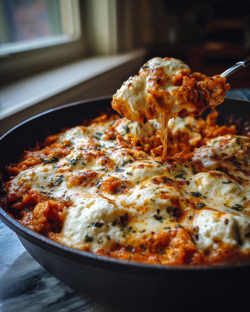 A spoonful of cheesy skillet lasagna being lifted from a dark pan, showing melted mozzarella and ricotta cheese.