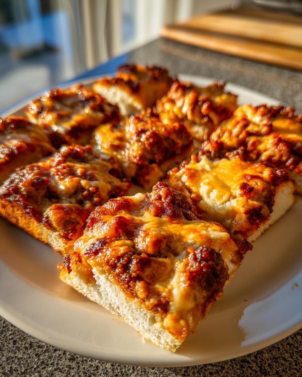 Close-up of several cheesy, baked slices of the hanky panky recipe served on a white plate.