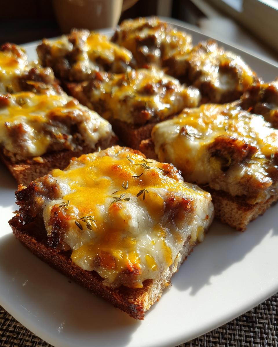 Close-up of cheesy, savory topping on toast squares, ready to serve for the hanky panky recipe.