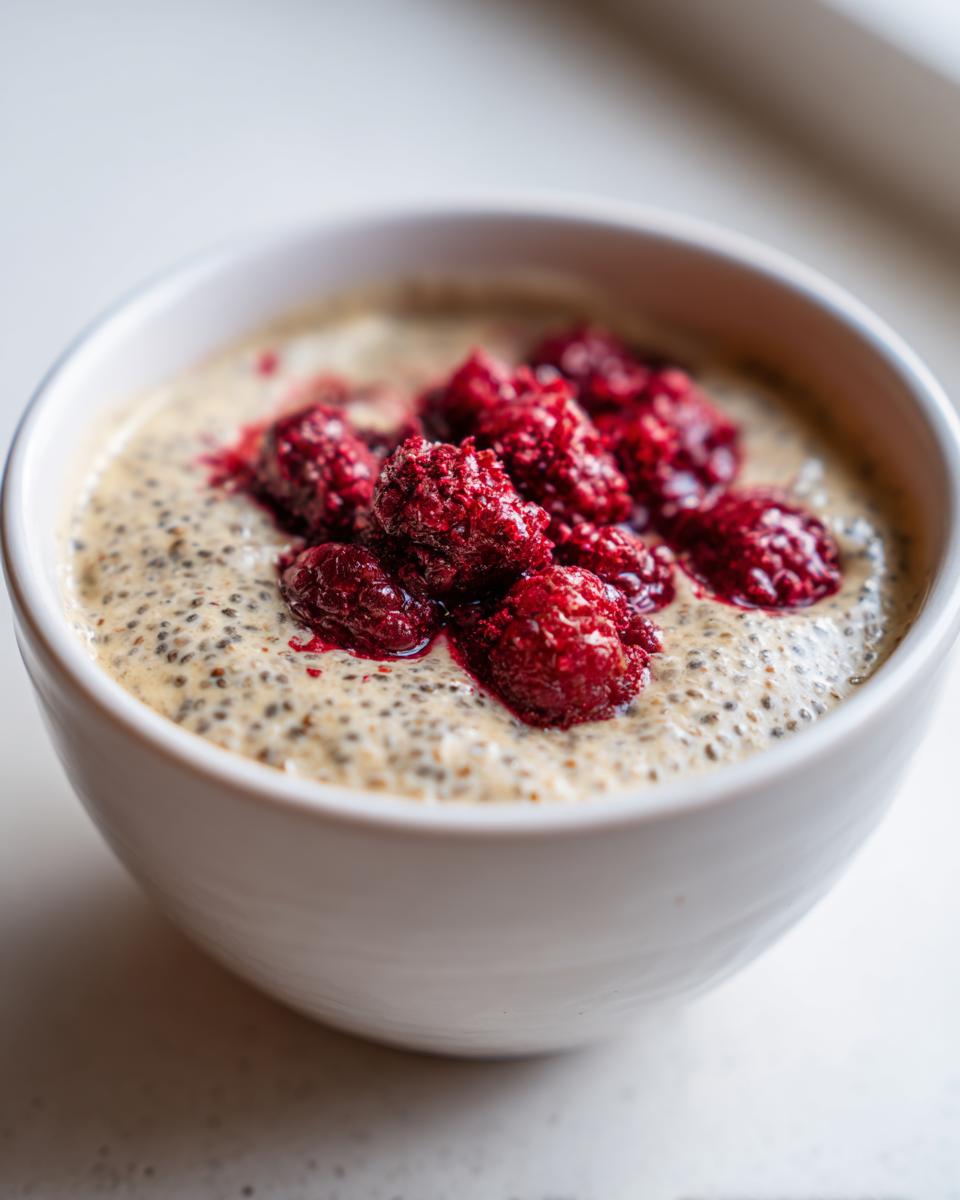 A white bowl filled with creamy chia seed pudding topped generously with bright red raspberries.