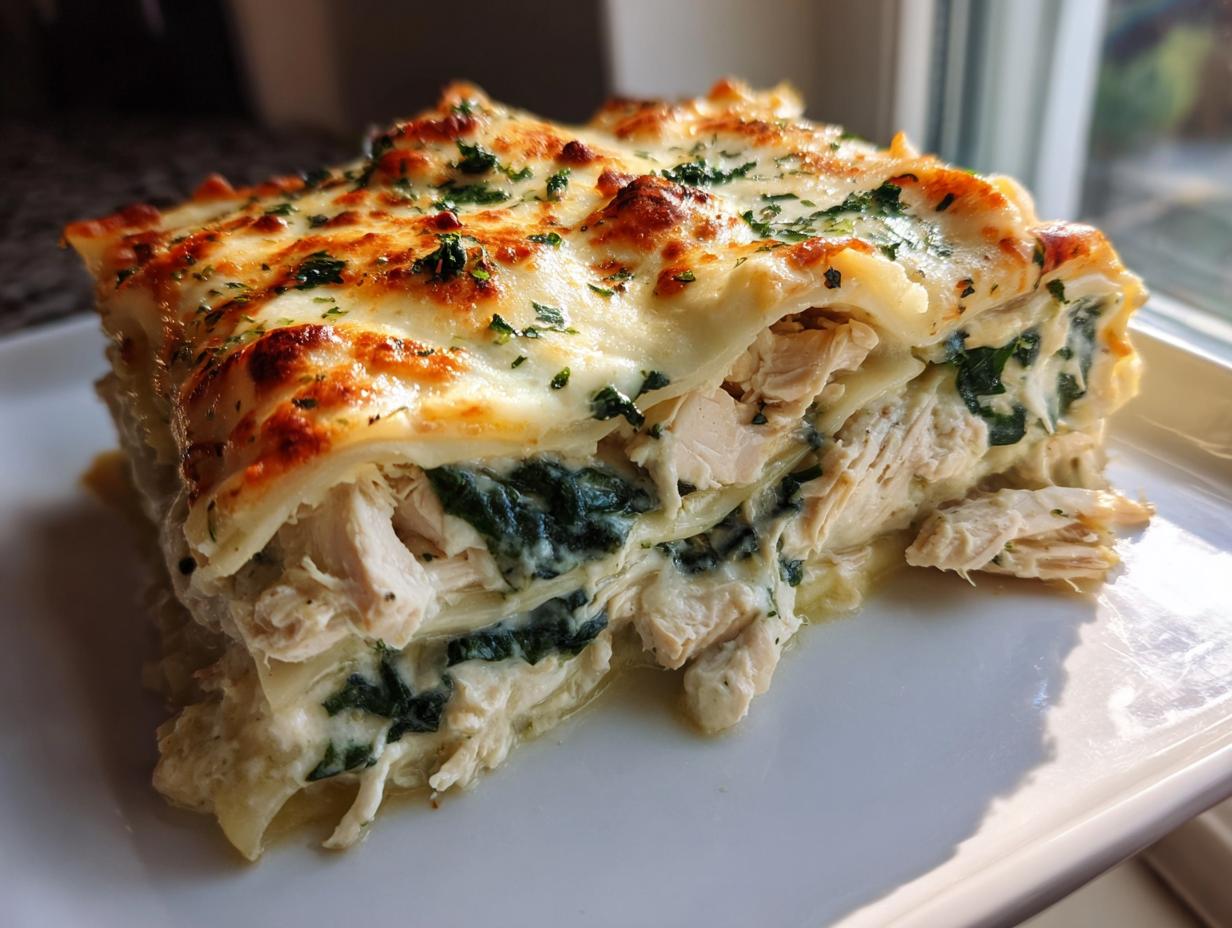 A close-up slice of baked chicken alfredo lasagna showing layers of pasta, shredded chicken, spinach, and creamy sauce topped with browned cheese and parsley.