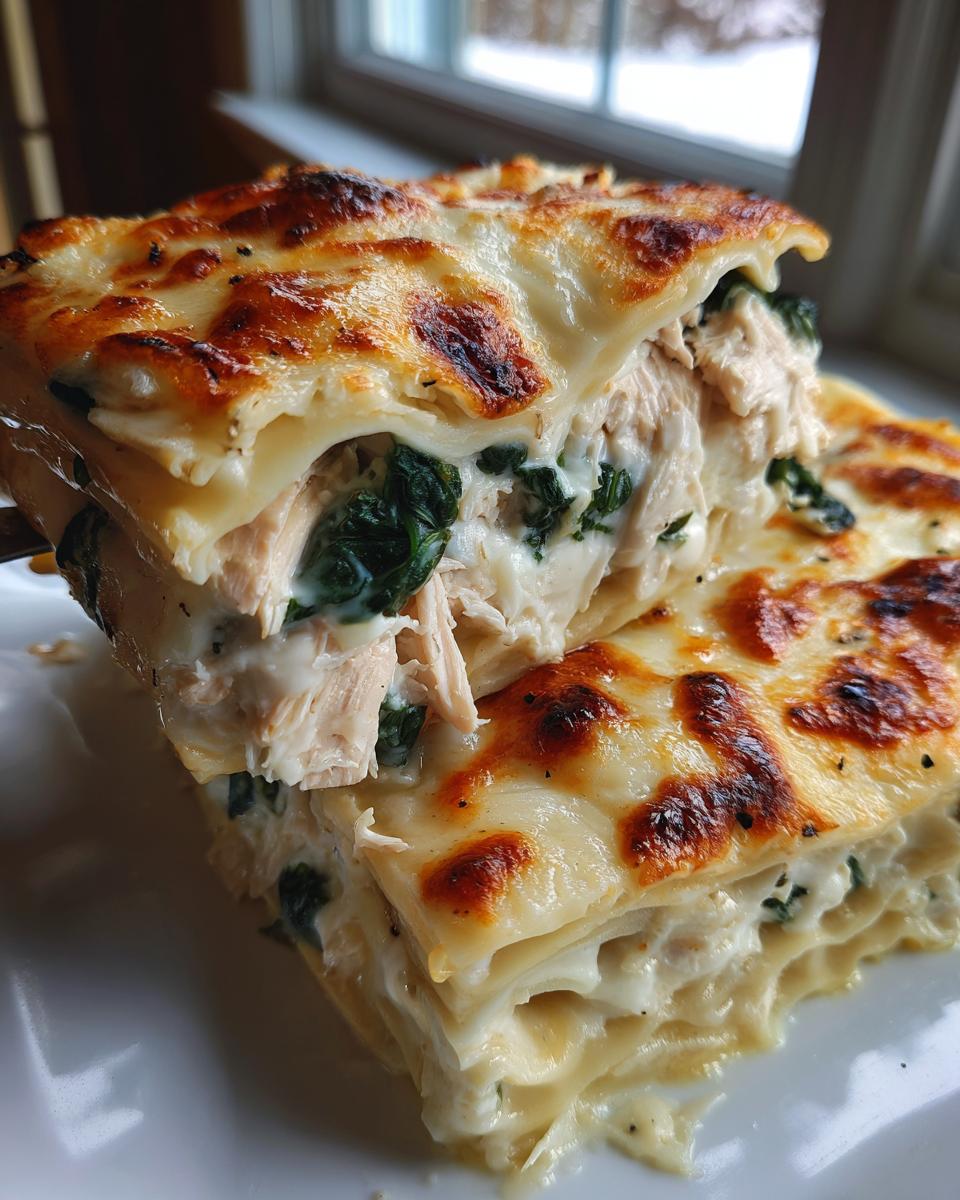 Two stacked slices of creamy chicken alfredo lasagna showing layers of pasta, shredded chicken, spinach, and a bubbly, browned cheese topping.