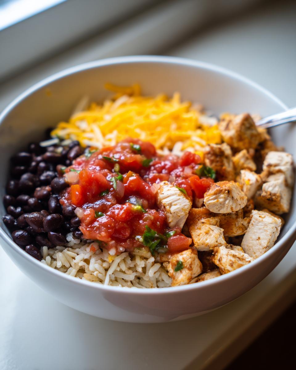 A white bowl filled with ingredients for a chicken burrito bowl: rice, black beans, seasoned chicken, salsa, and shredded cheese.