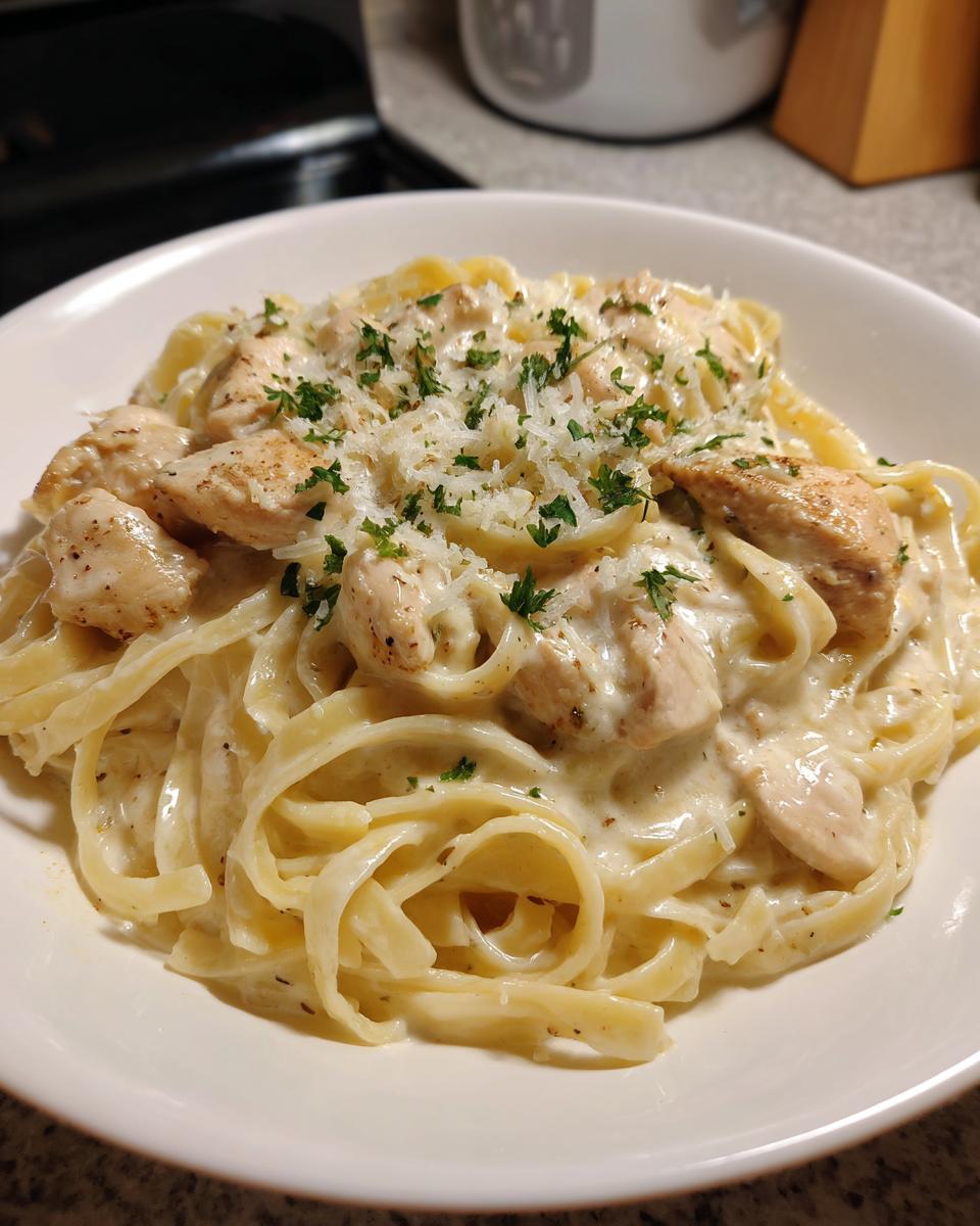 A close-up of a serving of rich chicken fettuccine alfredo pasta topped with grated Parmesan and fresh parsley.