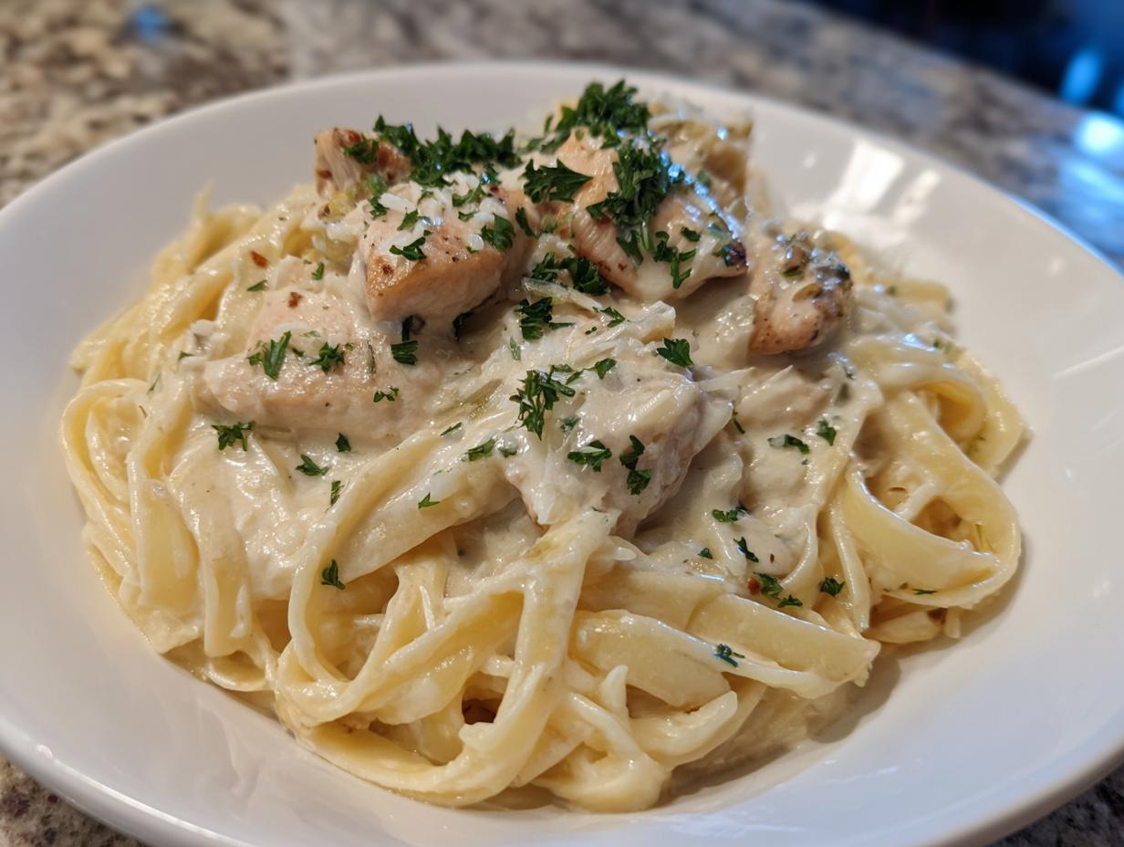 A close-up of a serving of rich chicken fettuccine alfredo pasta topped with grilled chicken pieces and fresh parsley.