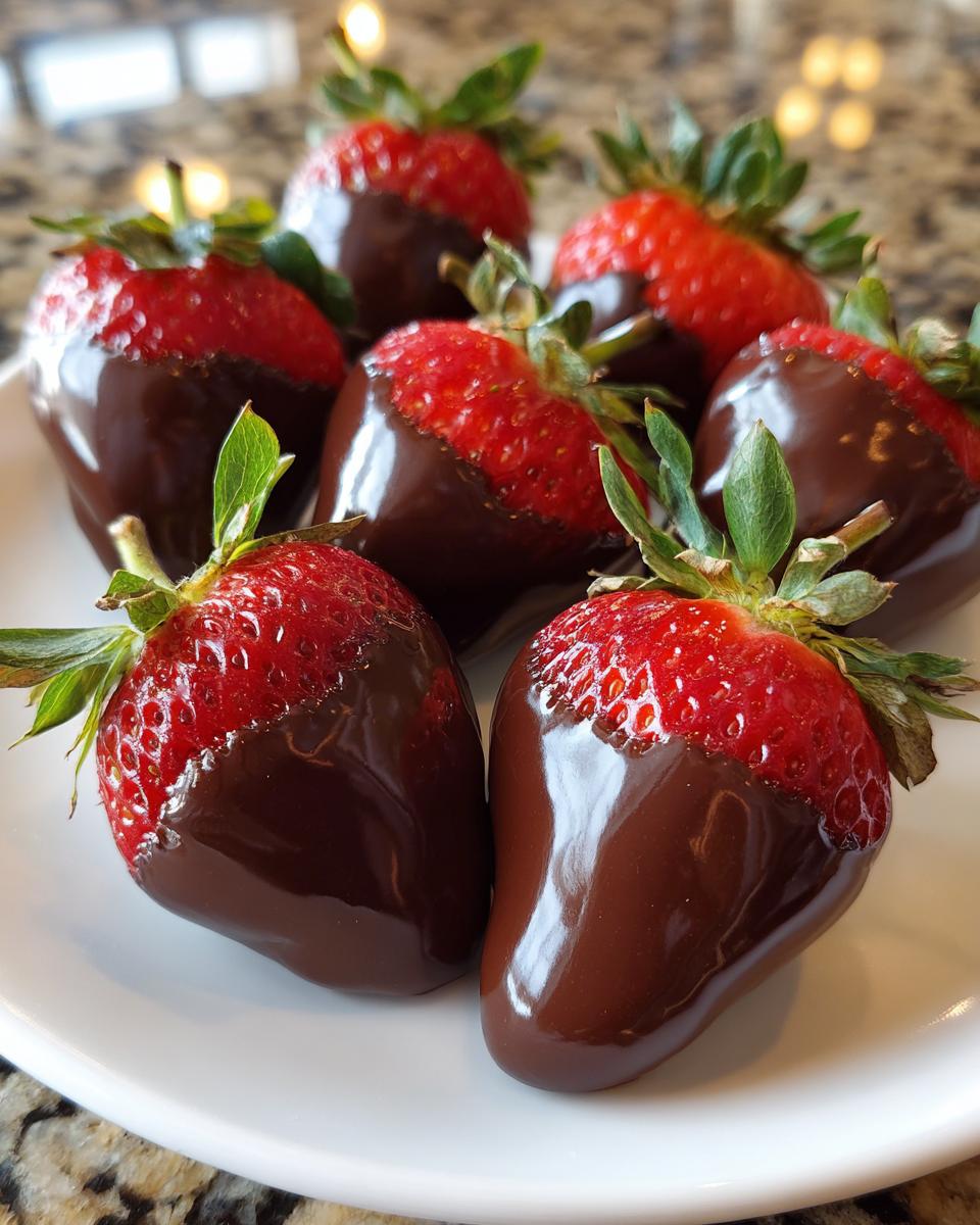 A close-up of several glossy chocolate covered strawberries with bright red tops and green stems arranged on a white plate.