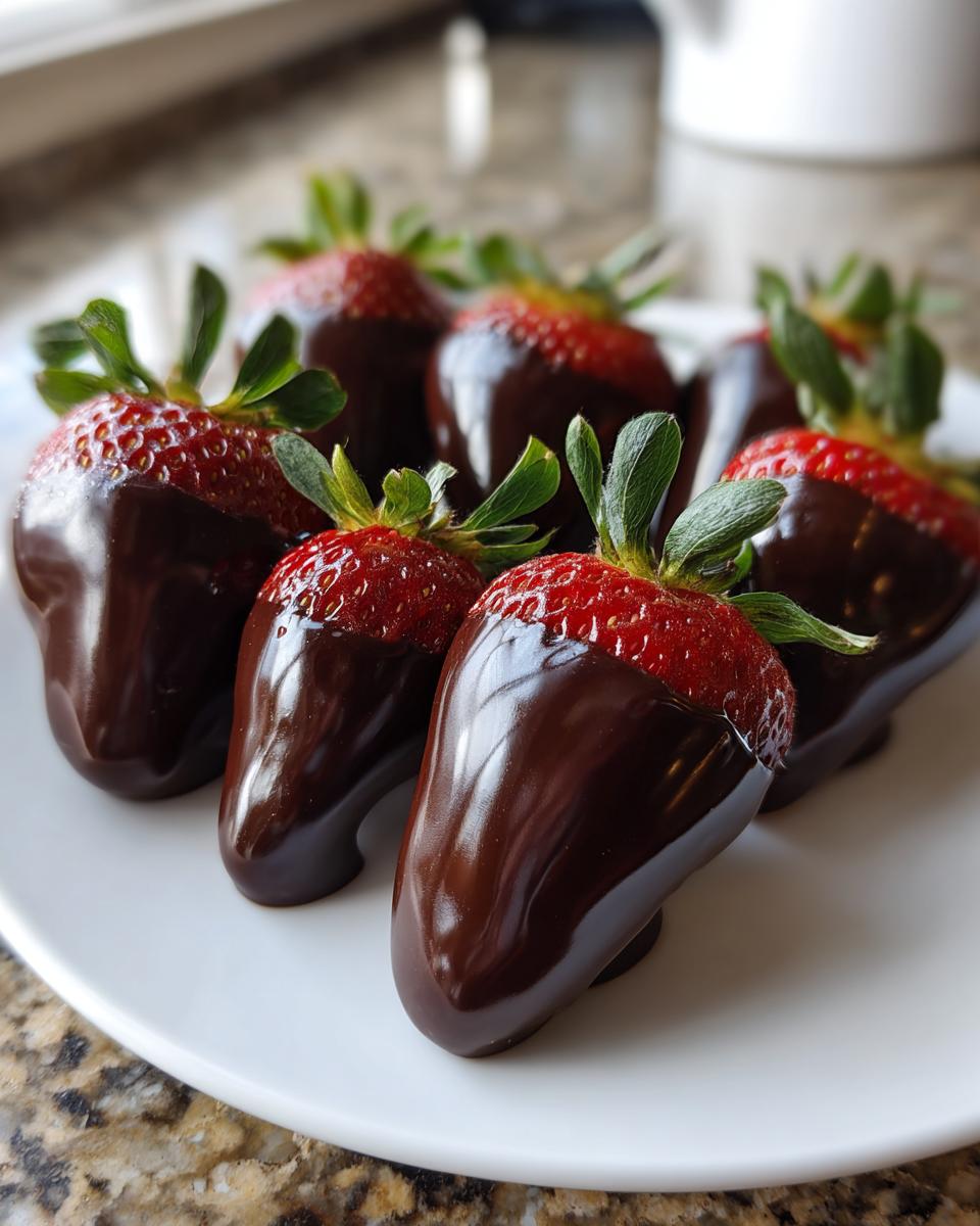 A close-up of several glossy chocolate covered strawberries arranged on a white plate.