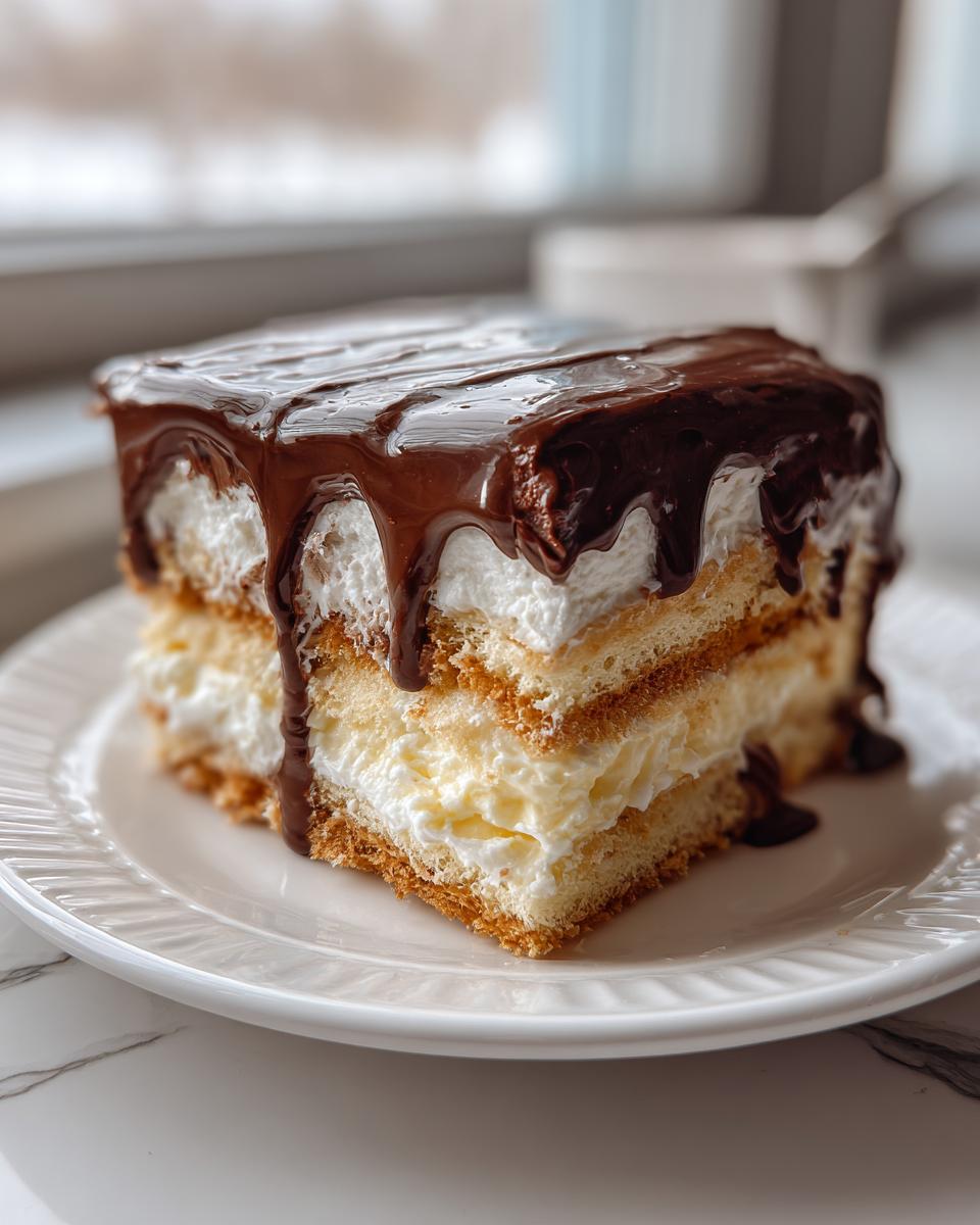 A square slice of chocolate eclair cake featuring layers of cake, cream filling, and rich chocolate ganache dripping down the sides.