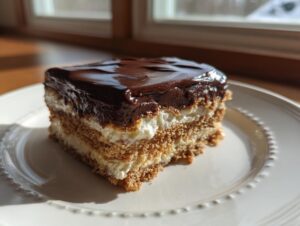 A close-up of a layered slice of chocolate eclair cake with graham cracker crust, cream filling, and glossy chocolate frosting.